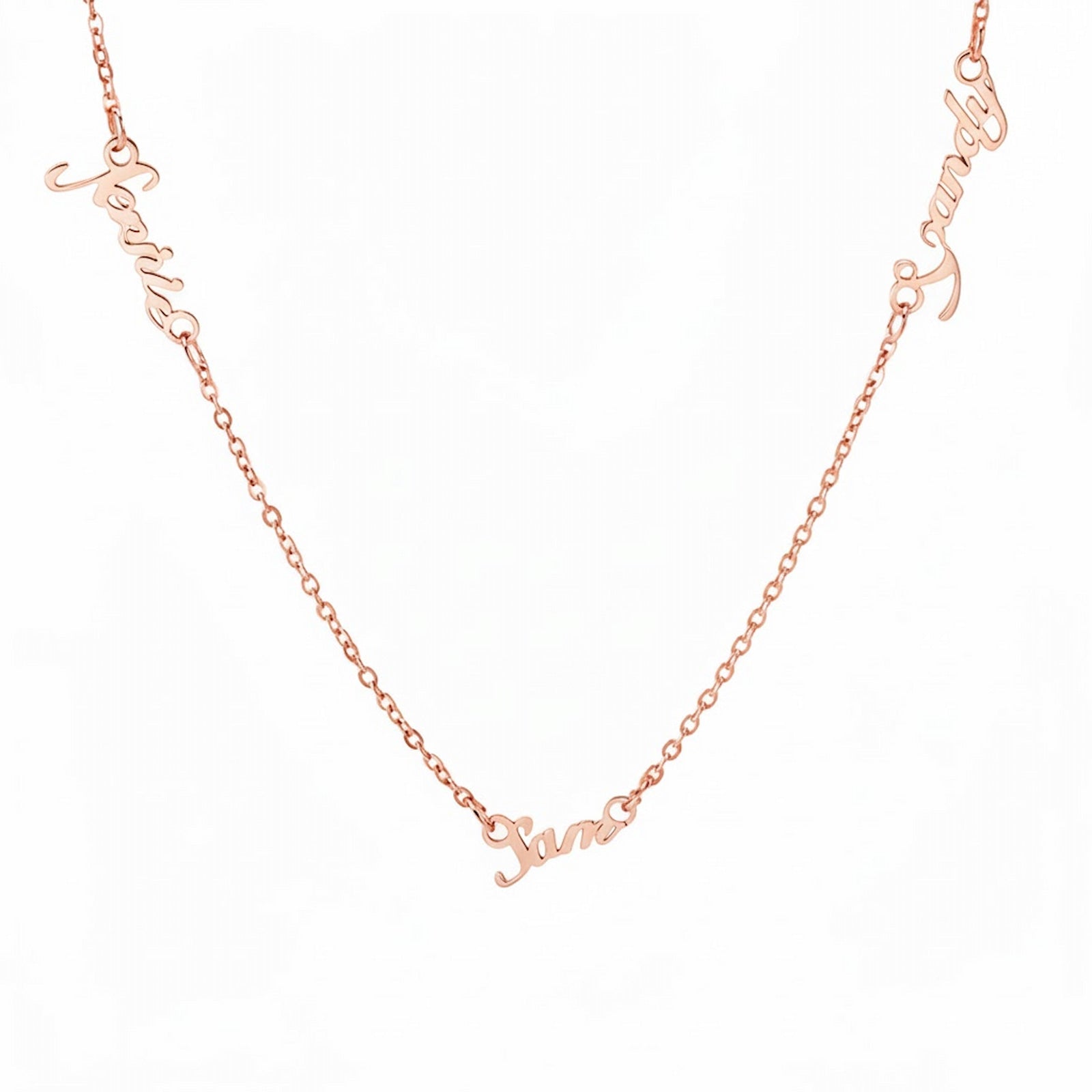 Rose gold-plated personalized multiple name necklace, featuring custom names in a script font. A unique custom jewelry gift for her. 