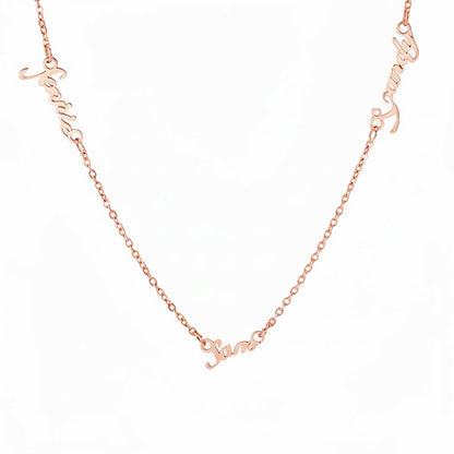 Rose gold-plated personalized multiple name necklace, featuring custom names in a script font. A unique custom jewelry gift for her. 