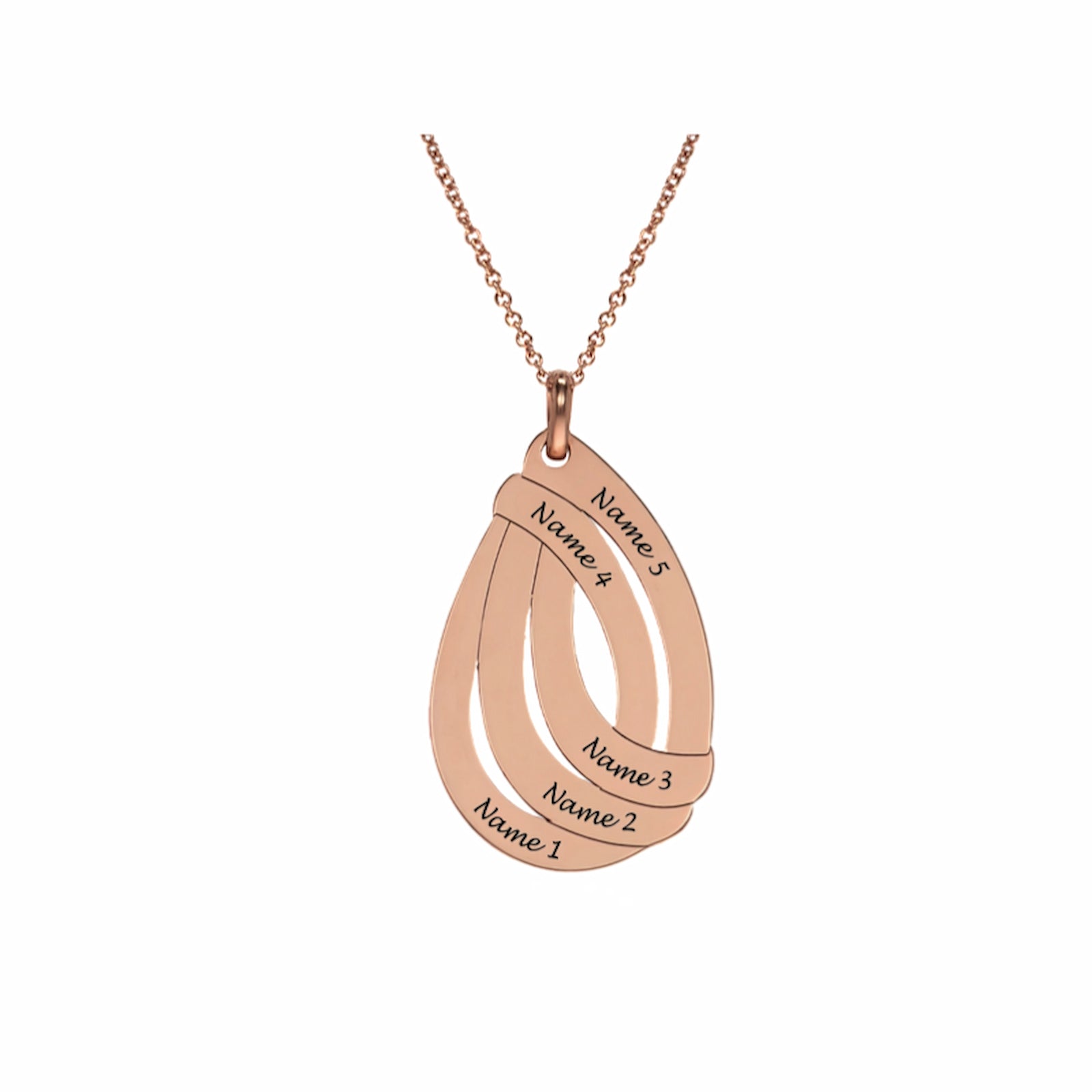 Rose gold personalized multiple name pendant necklace. Engraved teardrop design.