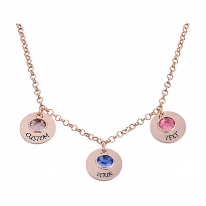 Rose gold personalized name birthstone disc necklace for women, custom text.