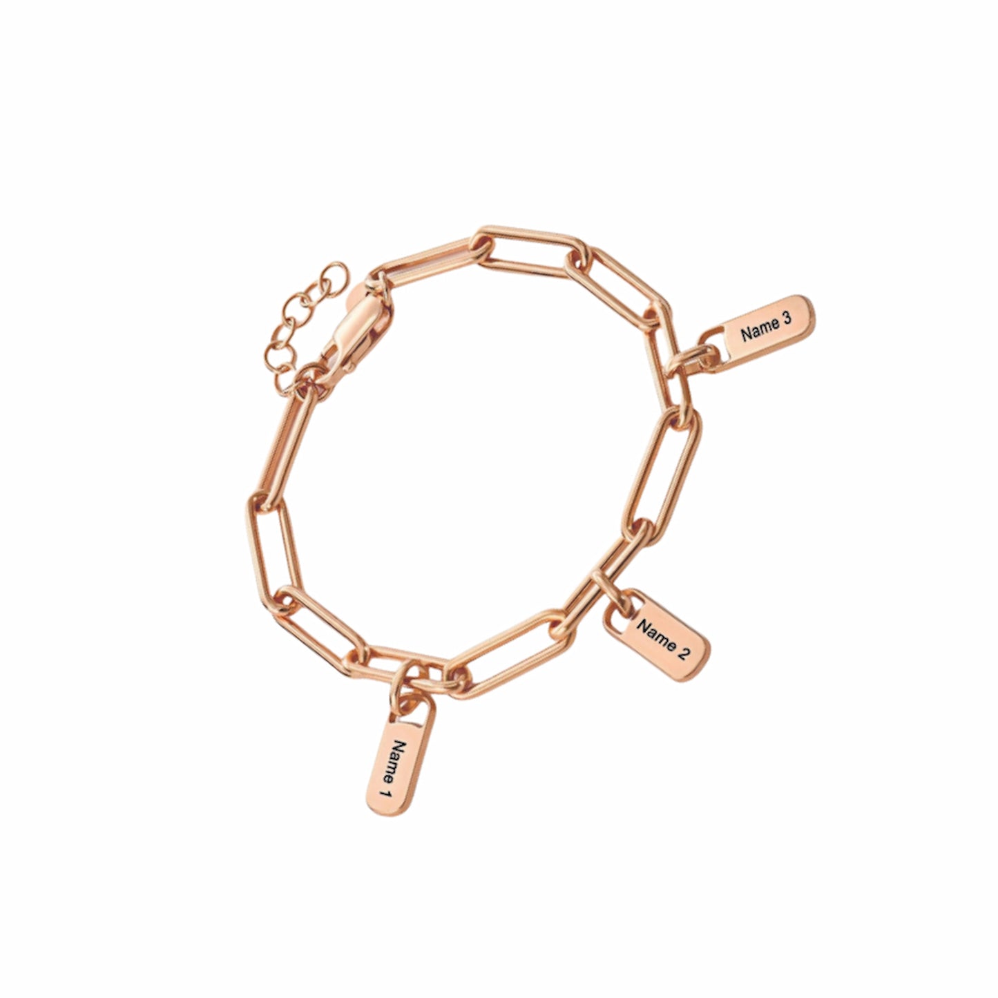 Rose gold personalized name charm paperclip bracelet. Engraved dangling charms for mom.