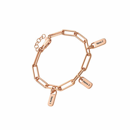 Rose gold personalized name charm paperclip bracelet. Engraved dangling charms for mom.