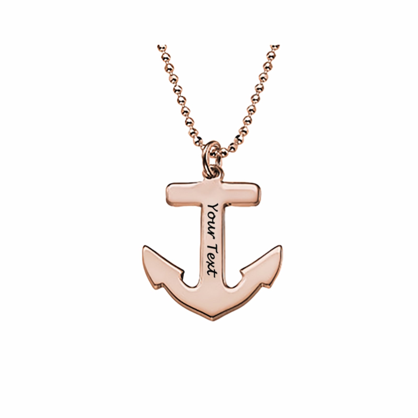 Rose gold personalized nautical anchor necklace. Engraved text, symbol of hope & safety.