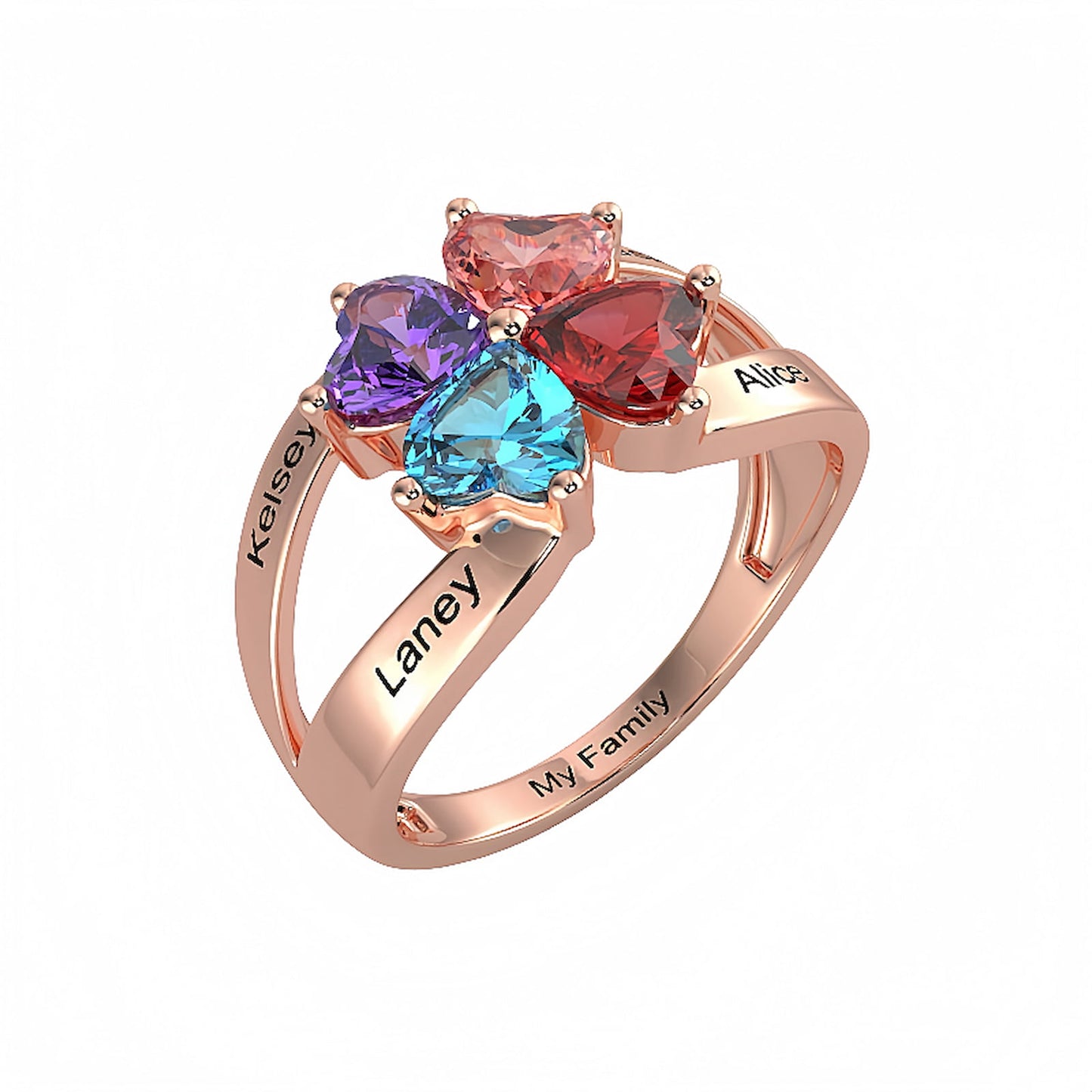 Bague personnalisée en forme de cœur avec pierre de naissance - Gravure personnalisée des noms de famille pour maman | Cadeau pour la fête des mères