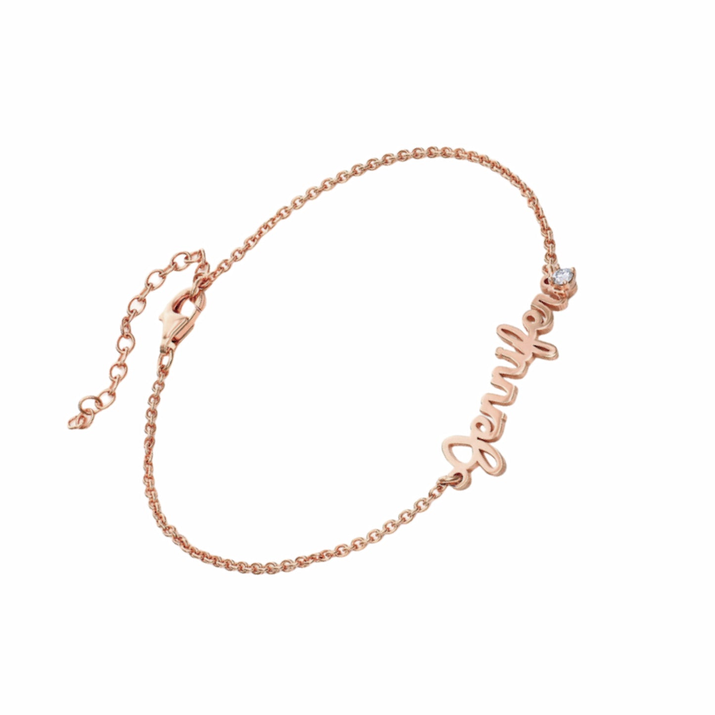 Rose gold personalized script name bracelet for women. Custom name with delicate stone.