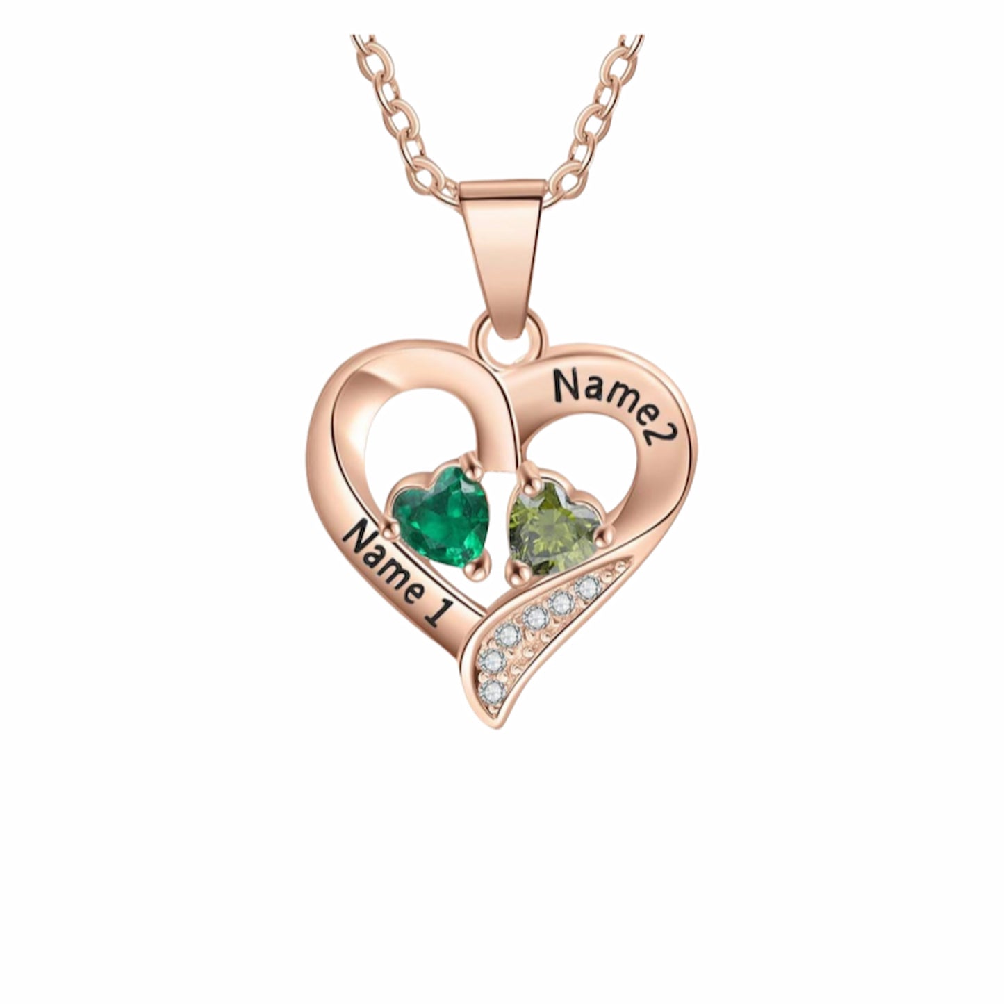 Rose Gold Plating Personalized 2 Names Necklace with 2 Heart Birthstones for Women.