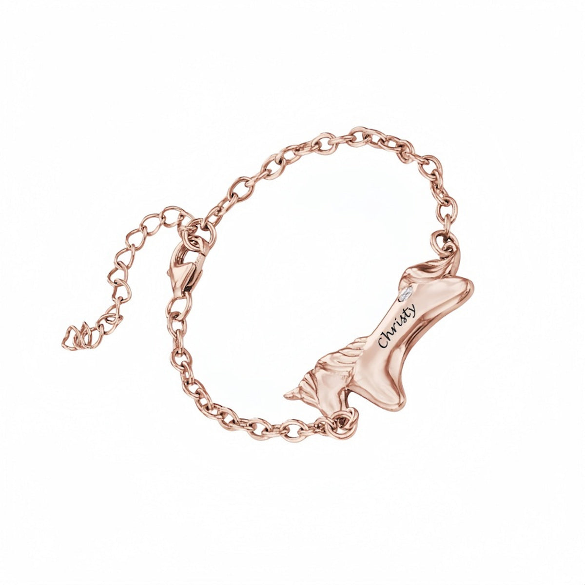Rose gold plated engraved unicorn link bracelet for girls, custom name Christy.