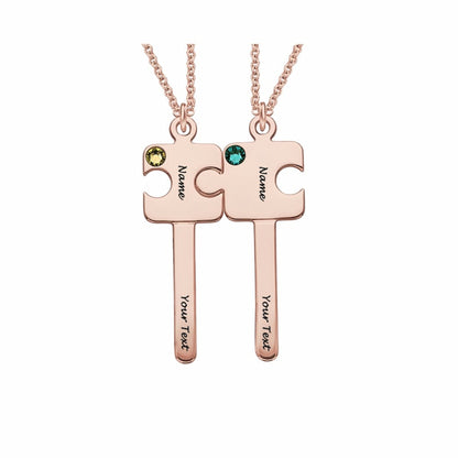 Rose gold plated personalized puzzle key couple necklaces with custom names, text.