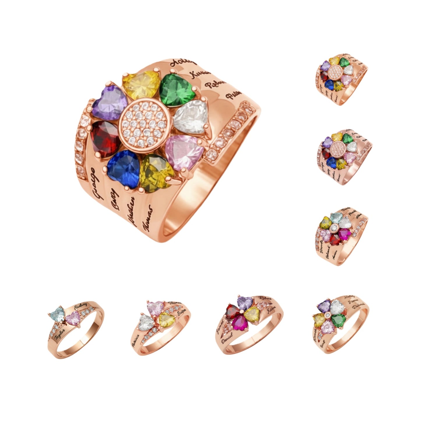 Personalized Sterling Silver Mother's Ring - Custom Heart Birthstones & Names Family Jewelry Gift