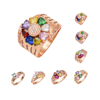 Personalized Sterling Silver Mother's Ring - Custom Heart Birthstones & Names Family Jewelry Gift