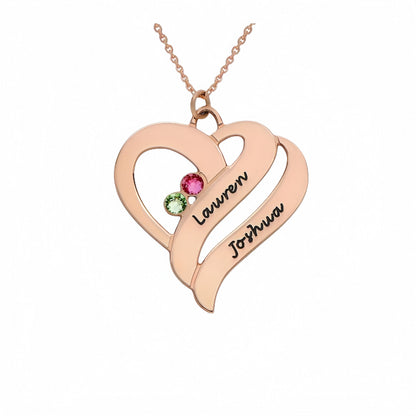 Collier personnalisé Deux Cœurs pour Toujours avec Pierres de Naissance et Prénoms - Cadeau pour Elle
