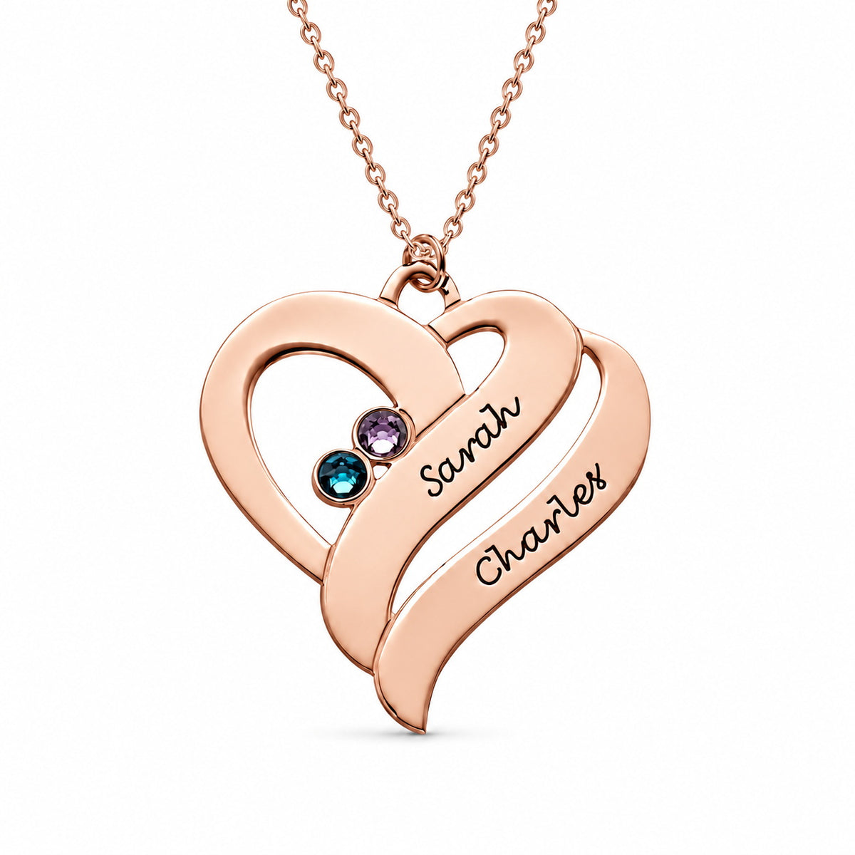 Collier personnalisé Deux Cœurs pour Toujours avec Pierres de Naissance et Prénoms - Cadeau pour Elle