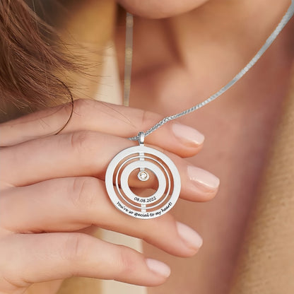 Birthstone Necklace worn by model. Shows how the custom engraved pendant looks.