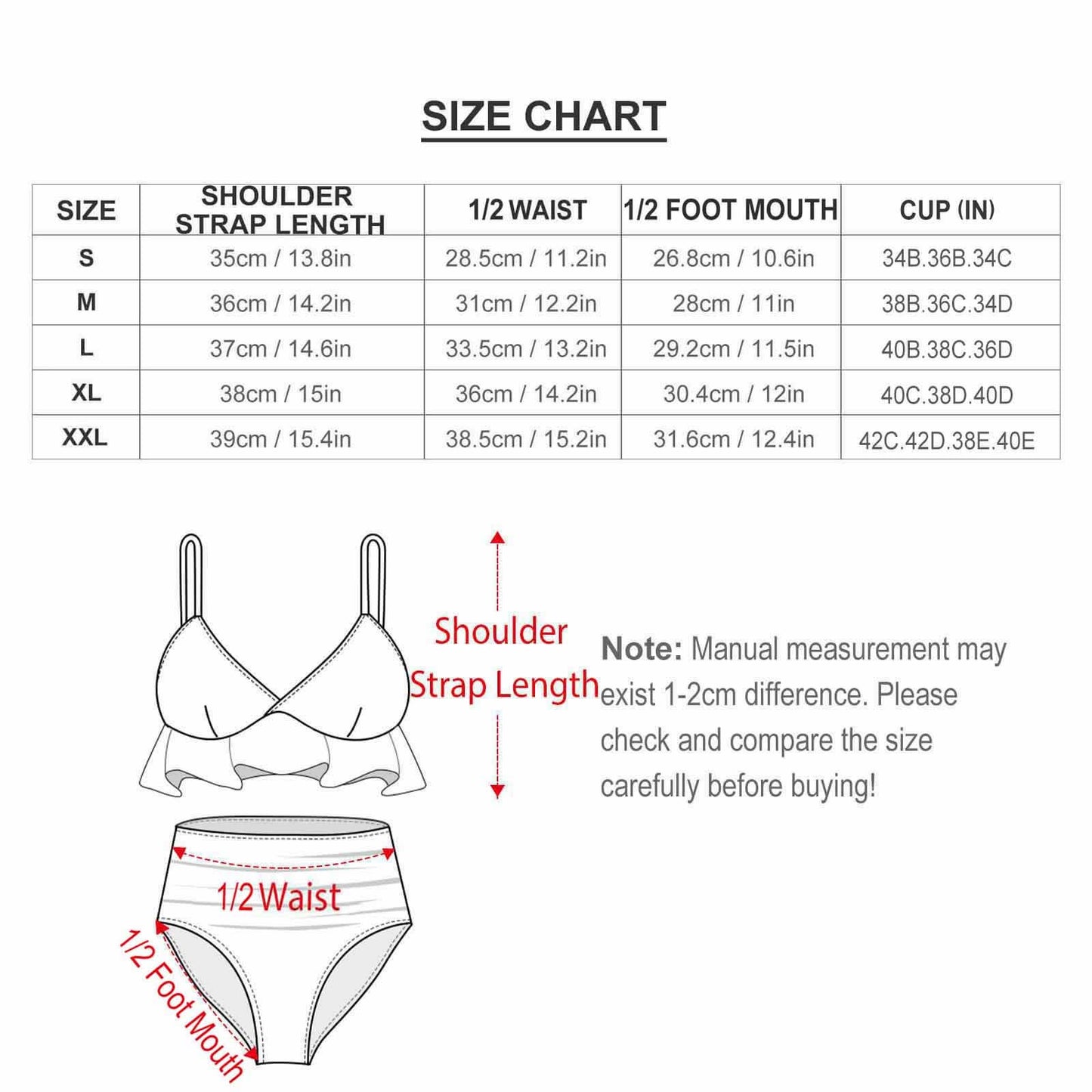 Detailed Size Chart and measurements for Ruffled High Waisted Bikini. Guide for bust, waist, and hip.