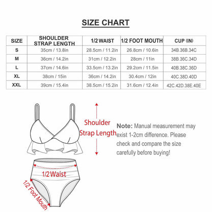 Detailed Size Chart and measurements for Ruffled High Waisted Bikini. Guide for bust, waist, and hip.