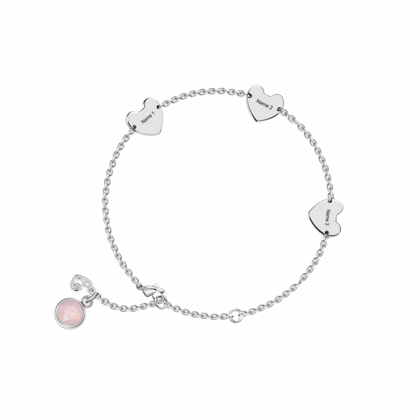 S925 silver personalized hearts charm bracelet with three custom name hearts and an adjustable chain. Perfect jewelry for women.