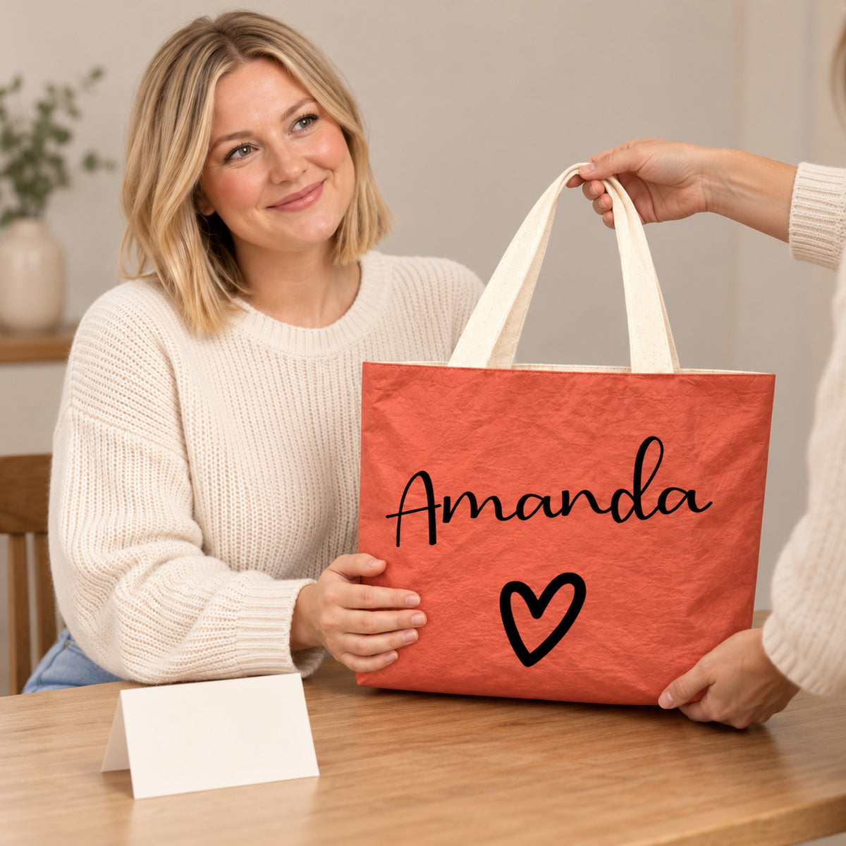 Personalized teacher tote with script name and bold heart design and custom name Amanda, teacher appreciation gift view.