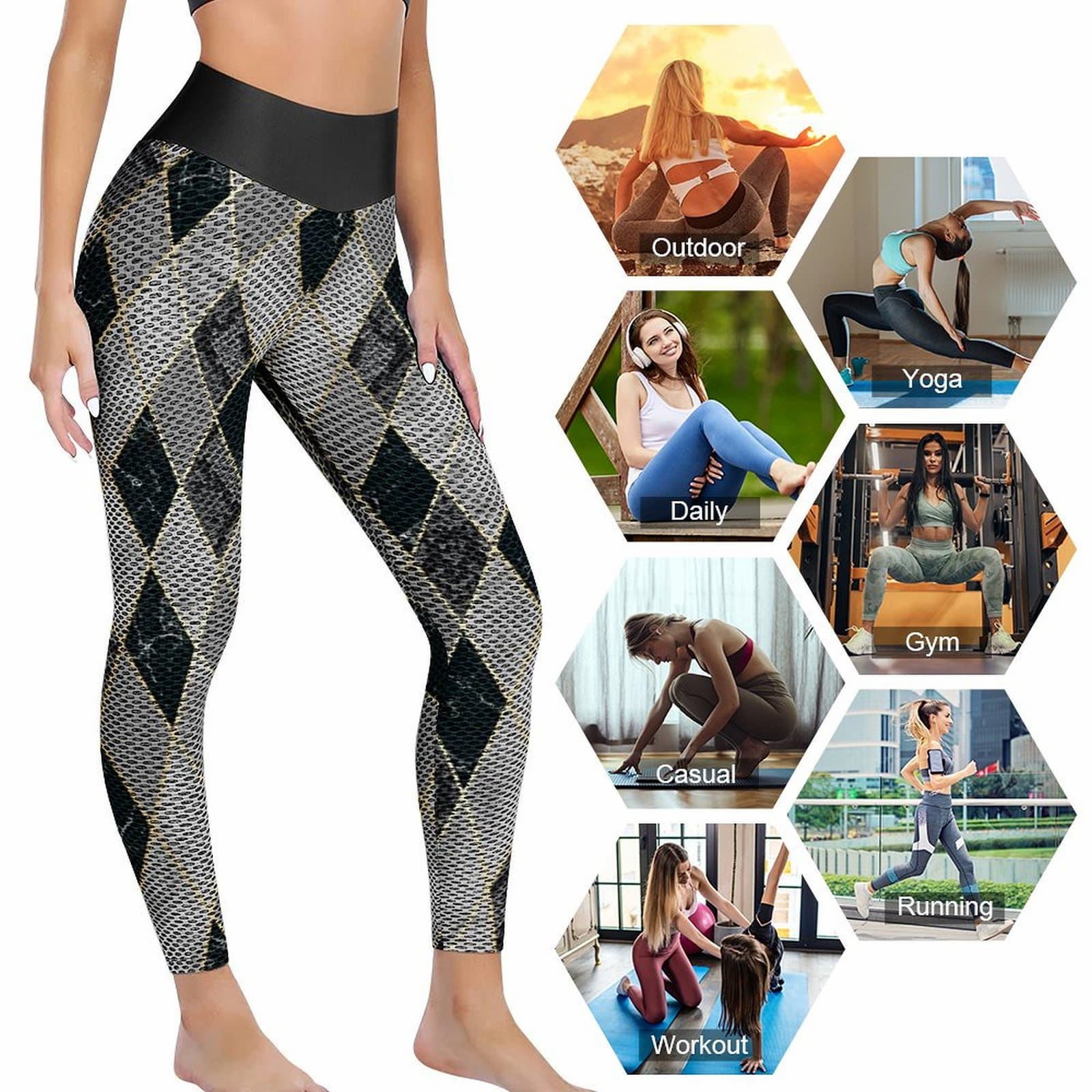 Personalized gym tights lifestyle collage showing yoga and athletic use.