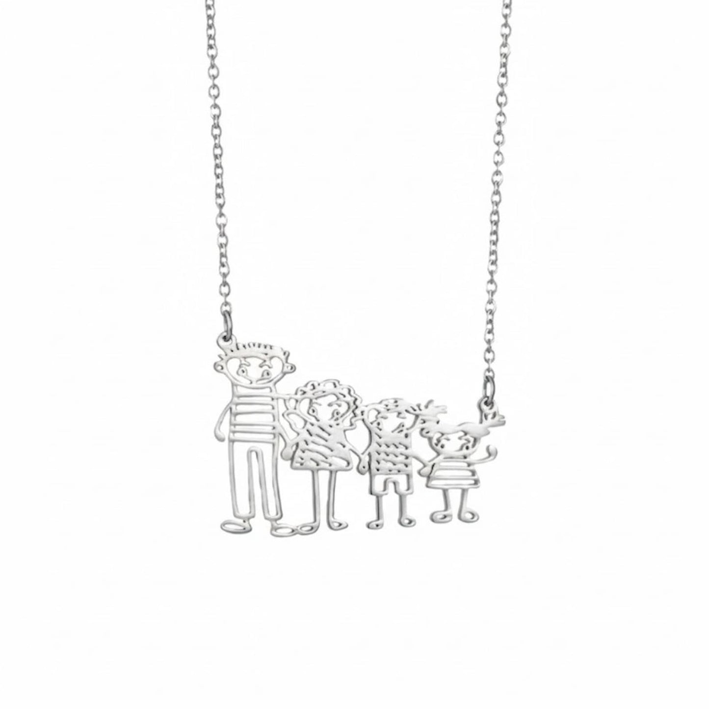 Personalized 925 sterling silver necklace created from a child's drawing, featuring a family of five figures.