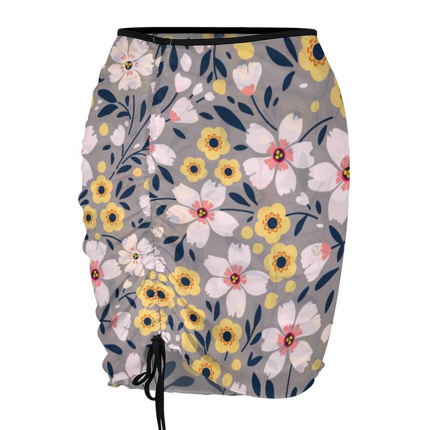 Sheer floral print drawstring beach sarong cover up.