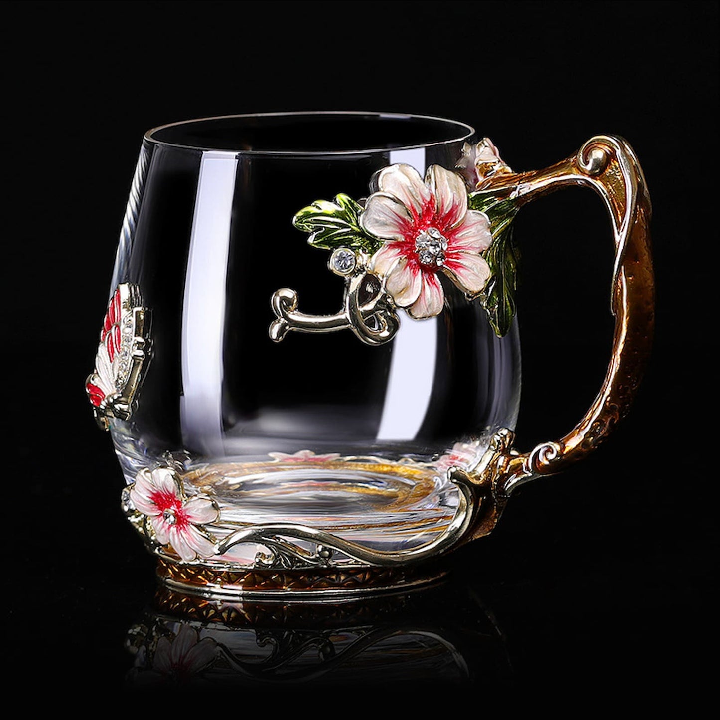 Personalized short enamel coffee mug for wife, red flower detail.