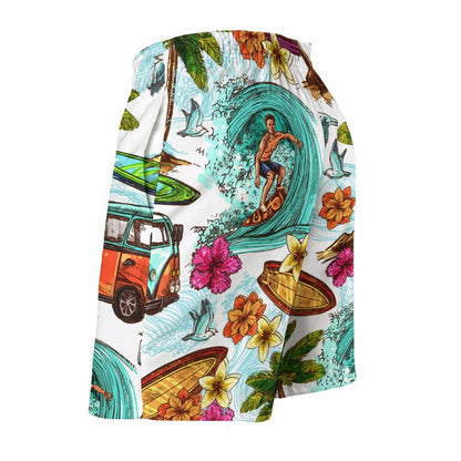 Side view of men's custom swim trunks. Tropical surf print, quick dry fabric.