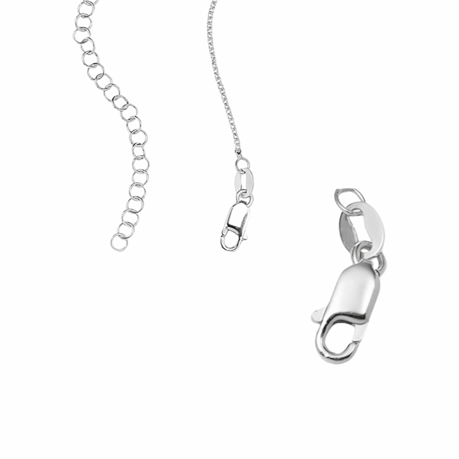 Close-up of the sterling silver necklace components, including the lobster clasp, jump ring, and adjustable extender chain.