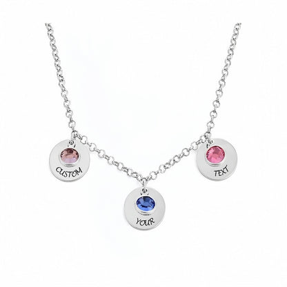 Sterling silver custom 3 birthstone disc necklace with personalized text.