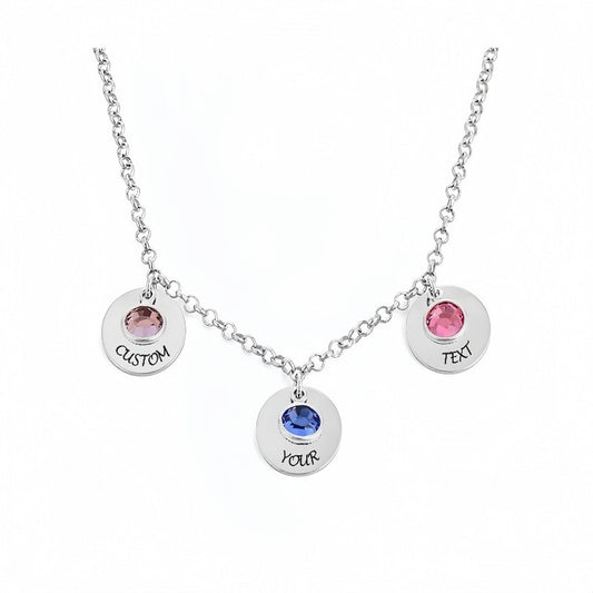 Sterling silver custom 3 birthstone disc necklace with personalized text.