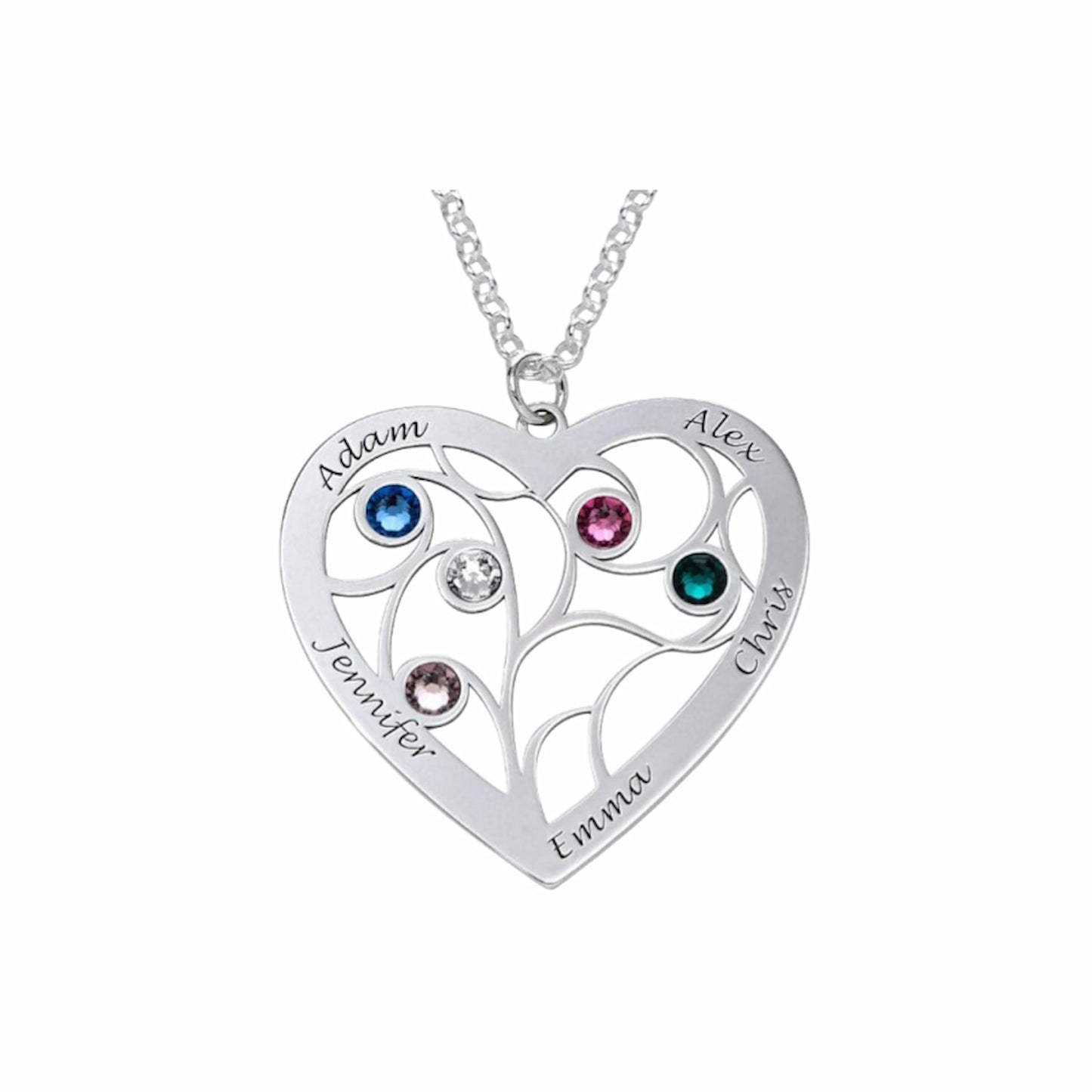Personalized Heart Family Tree Necklace - Custom Engraved Names & Birthstones for Mom