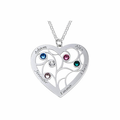 Personalized Heart Family Tree Necklace - Custom Engraved Names & Birthstones for Mom