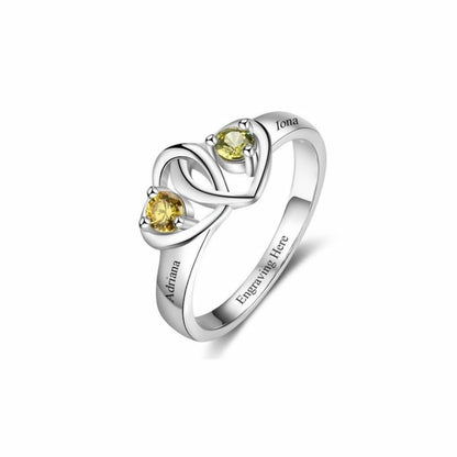 Bague de promesse personnalisée en forme de cœur entrelacé - Gravure personnalisée de 2 noms et pierres de naissance pour couple
