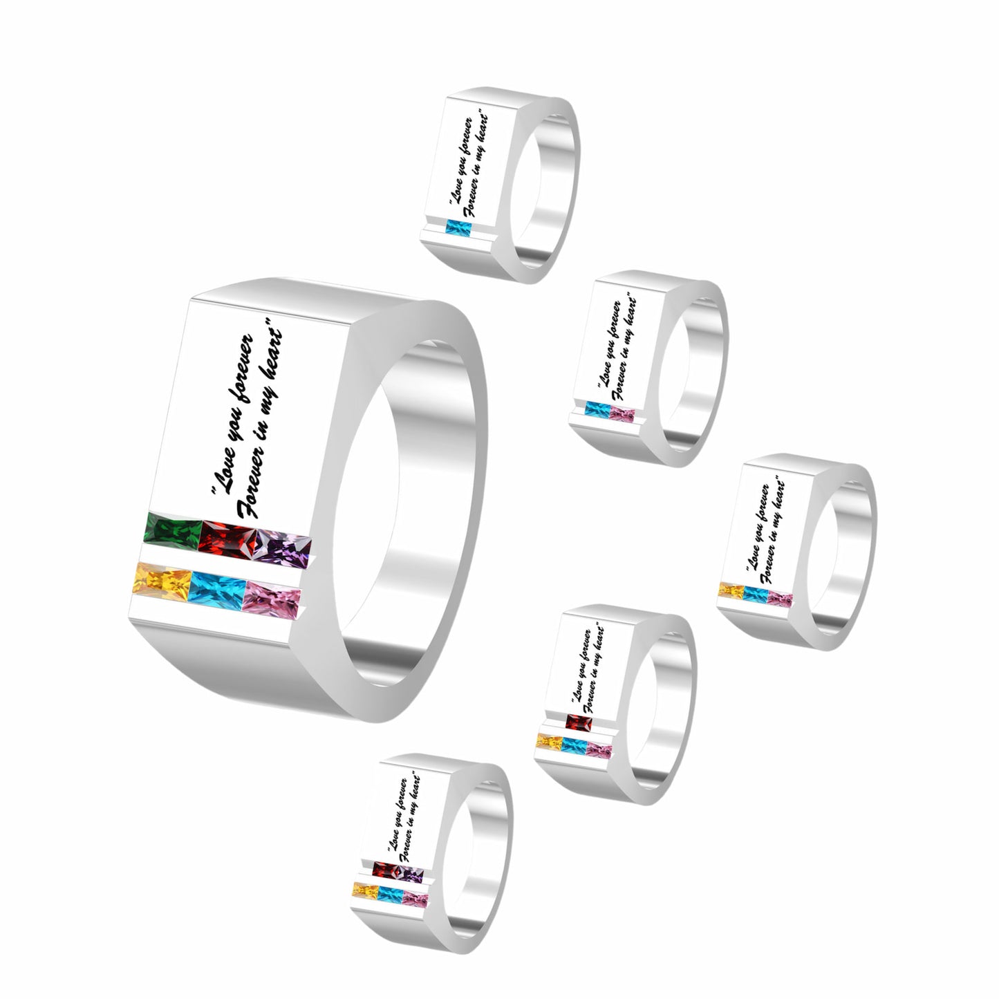 Silver custom engraved mens birthstone rings with "Love you forever" text.