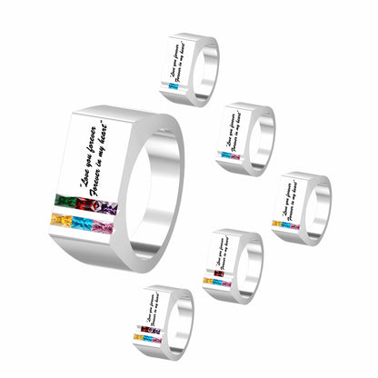 Silver custom engraved mens birthstone rings with "Love you forever" text.