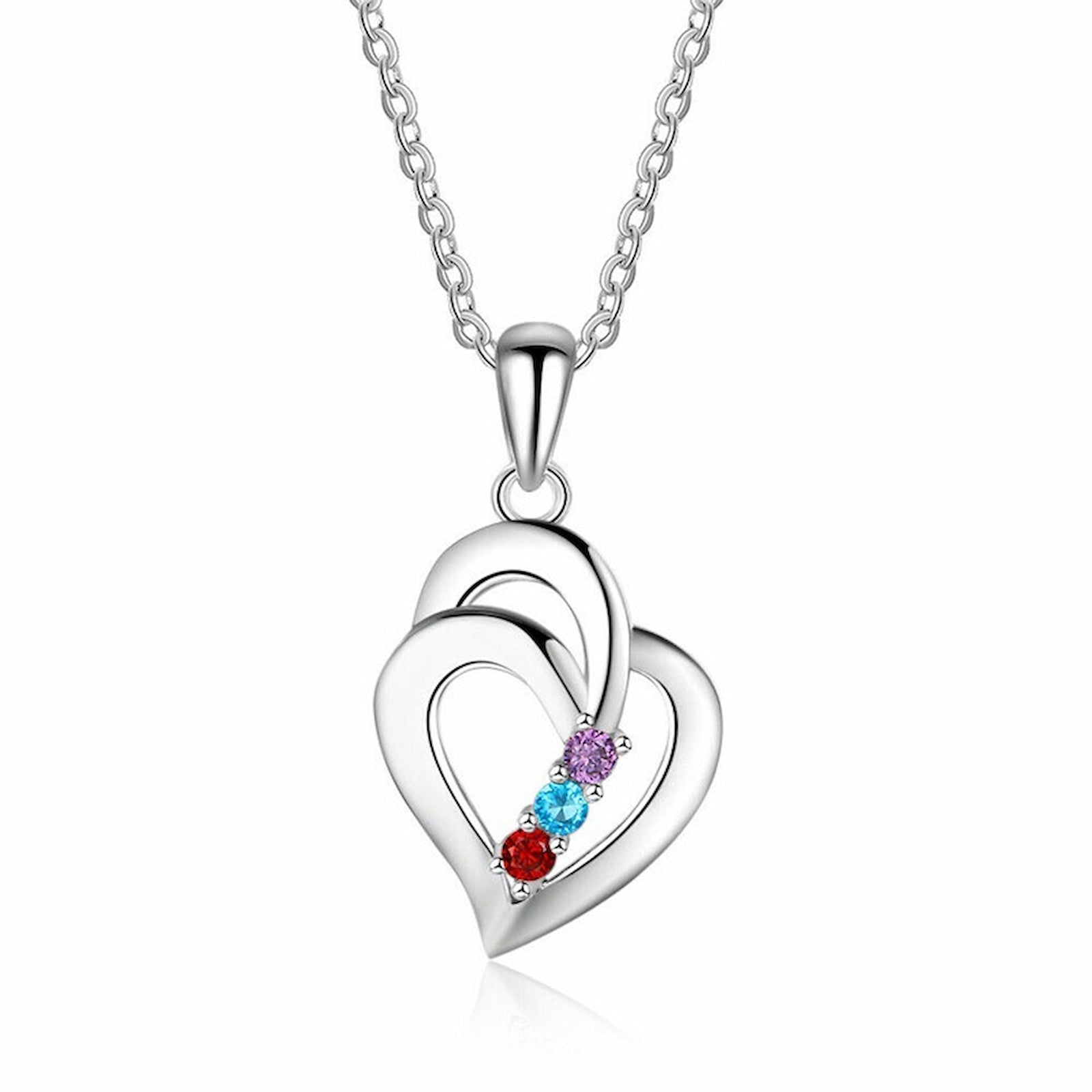Personalized silver heart necklace with birthstones. Ideal Mother's Day gift.