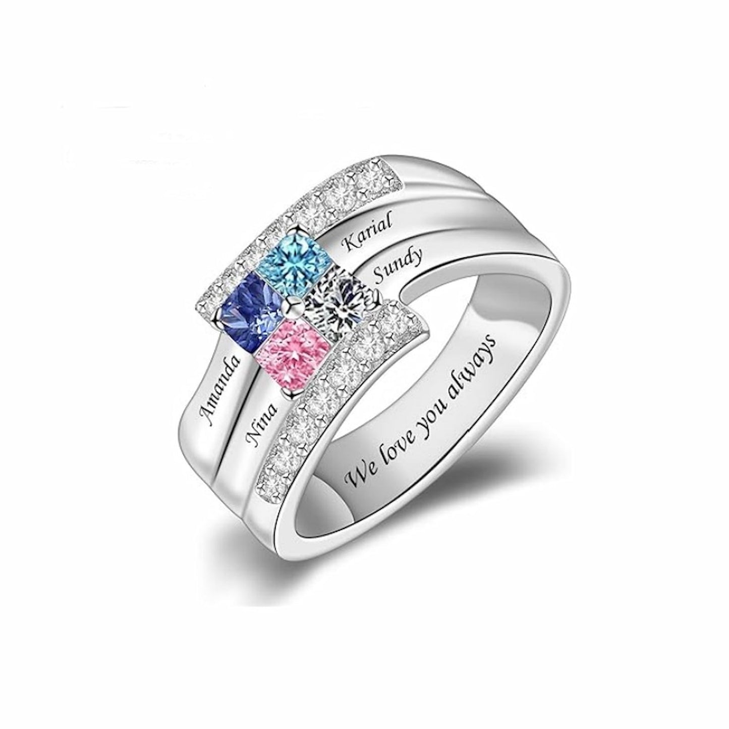 Bague personnalisée avec pierre de naissance familiale - Noms personnalisés et gravure gratuite pour maman et grand-mère