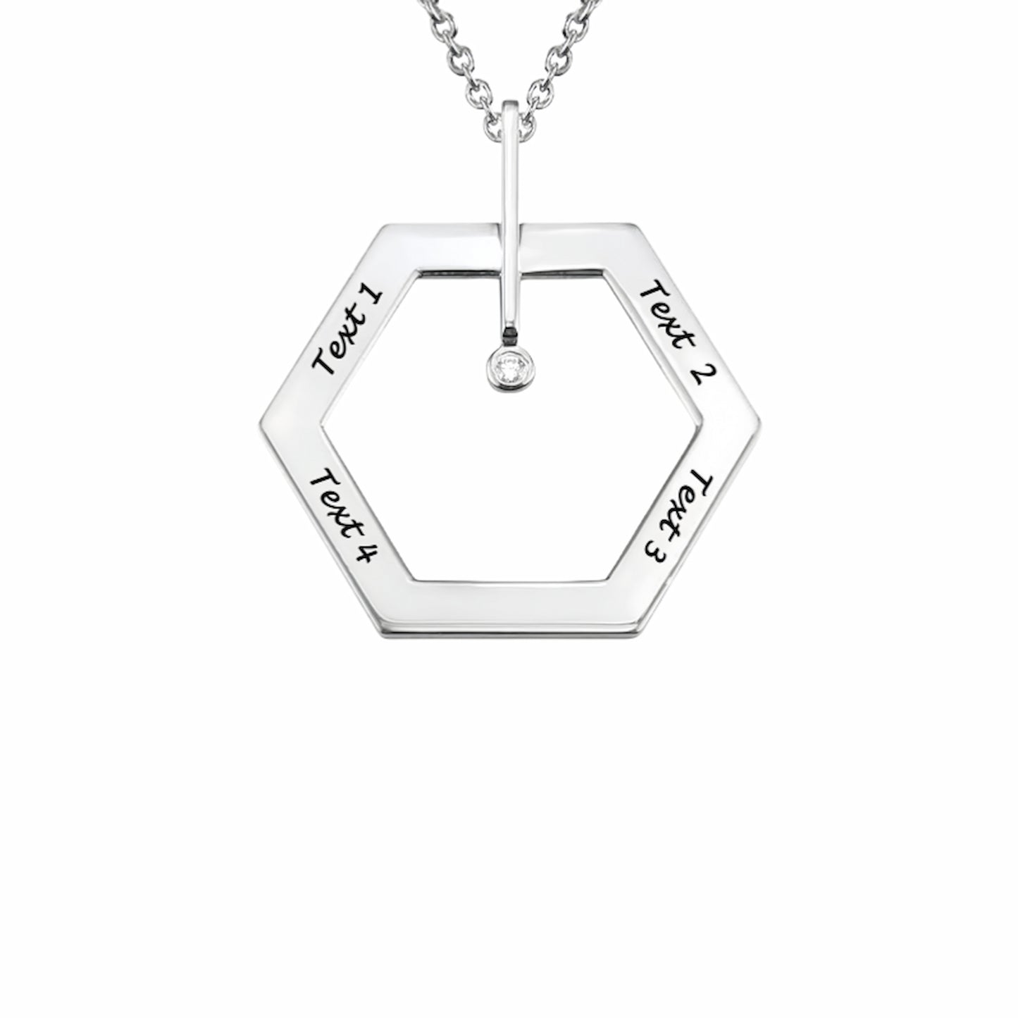 Personalized Sterling Silver Hexagon Necklace. Custom engraved text and chain pendant.