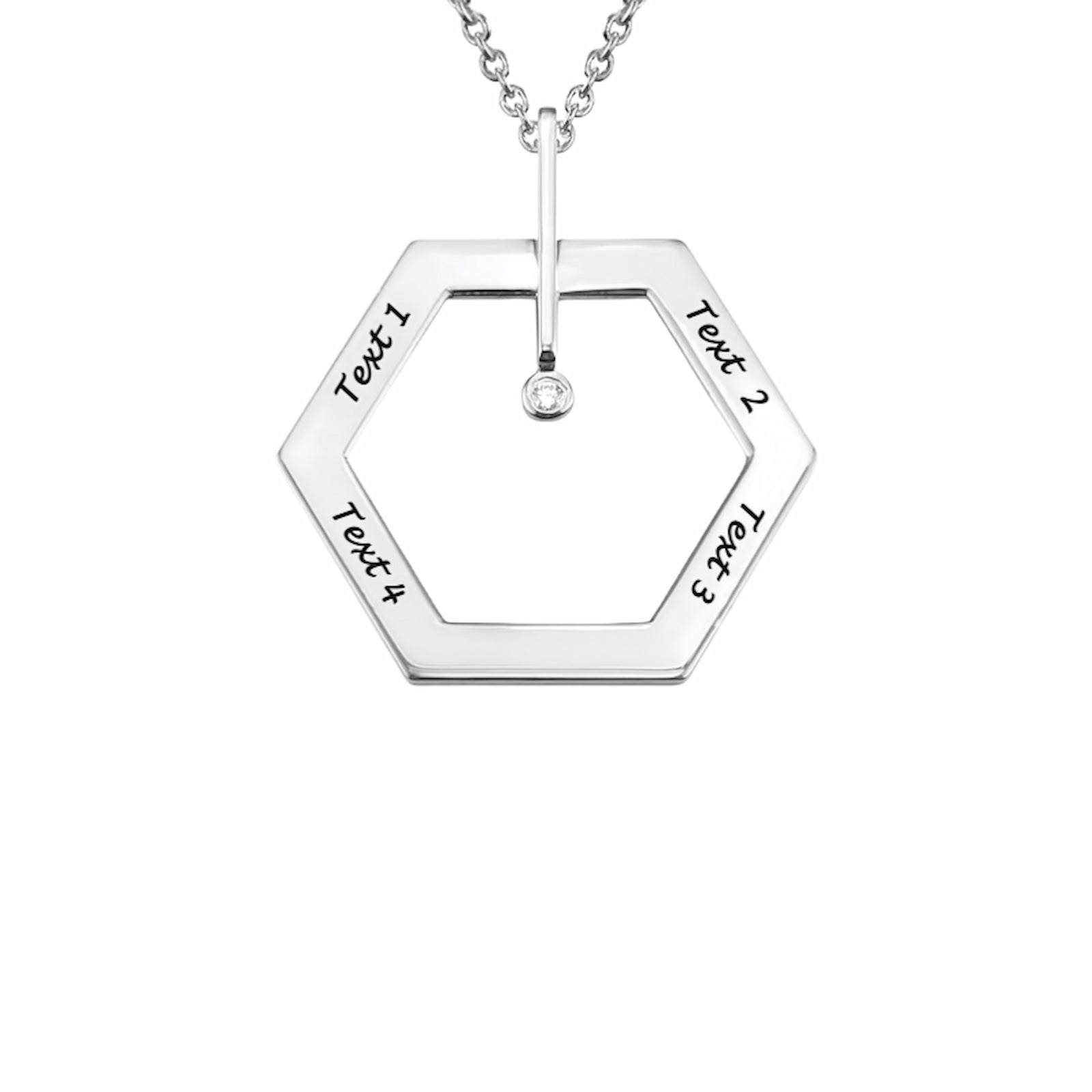 Personalized Sterling Silver Hexagon Necklace. Custom engraved text and chain pendant.