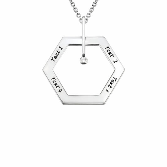 Personalized Sterling Silver Hexagon Necklace. Custom engraved text and chain pendant.