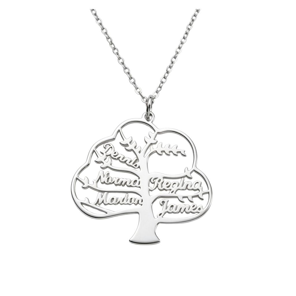 Silver family tree name necklace front view