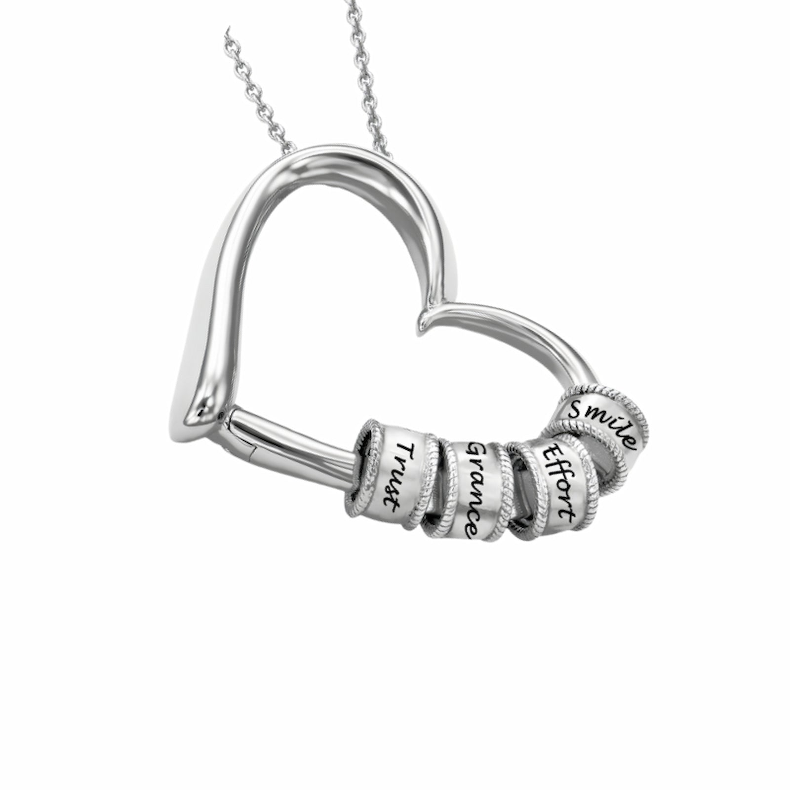 Detailed close-up of the sterling silver heart necklace showing the engraved stacking beads and the unique heart pendant design.