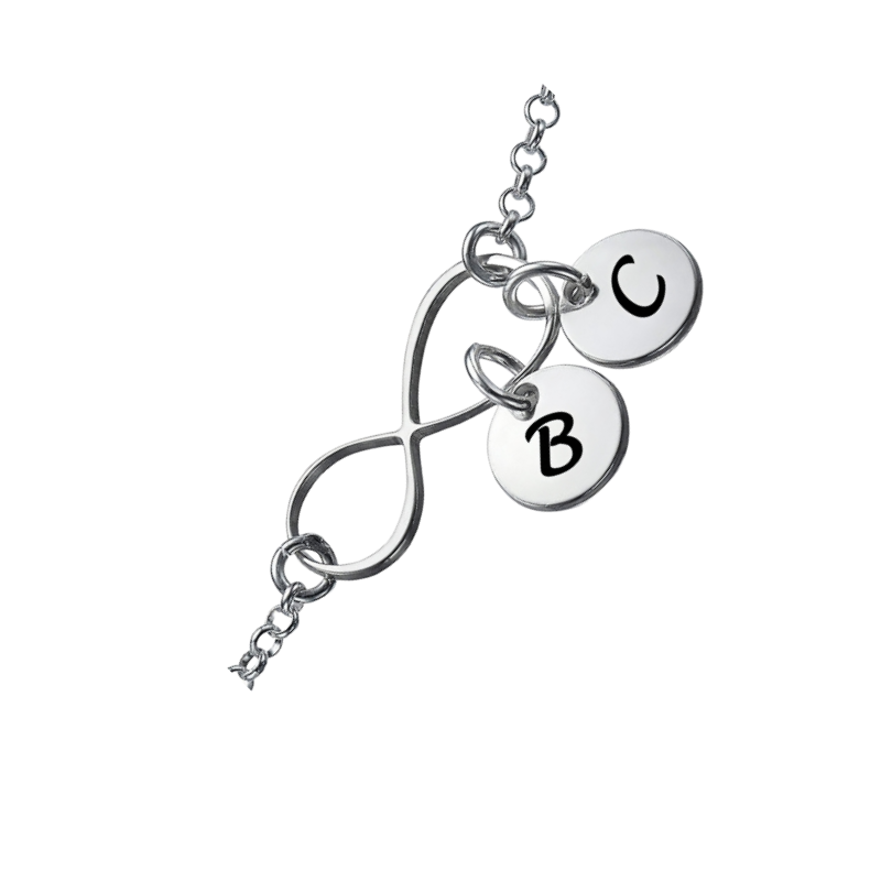 Close-up of 925 sterling silver infinity link with B & C initial charms.