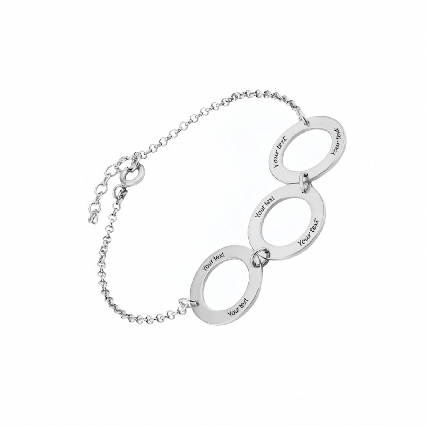 Silver interlocking circles bracelet with custom text engraving.