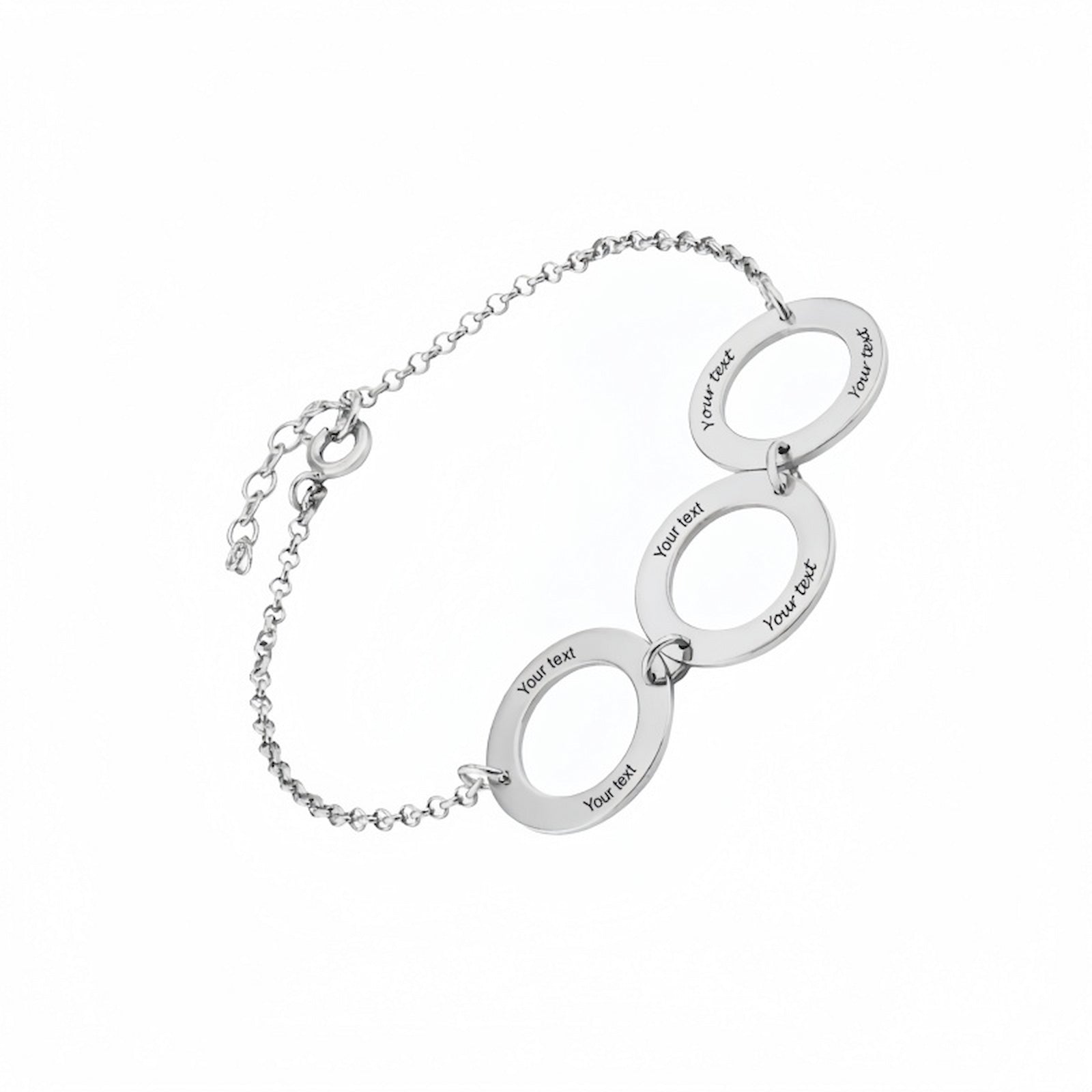 Silver interlocking circles bracelet with custom text engraving.