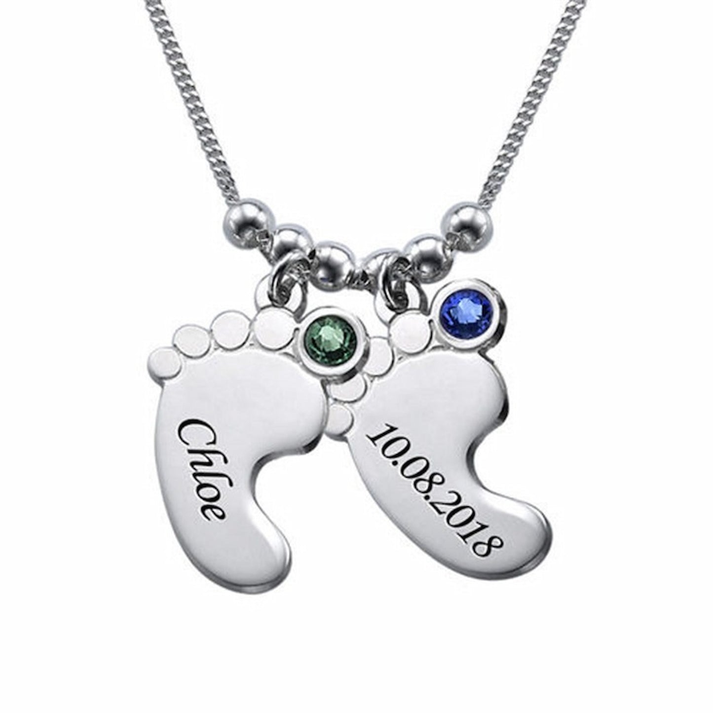 Silver personalized 2 baby feet name birthdate necklace, Chloe & date.