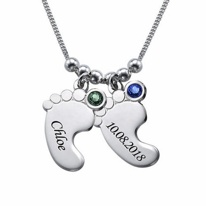 Silver personalized 2 baby feet name birthdate necklace, Chloe & date.
