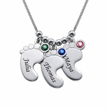 Silver custom 3 baby feet name birthstone necklace for Mom.
