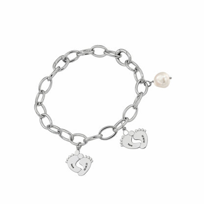 Bracelet personnalisé avec breloque empreintes de pieds de bébé - Nom et date gravés sur mesure en argent sterling pour maman