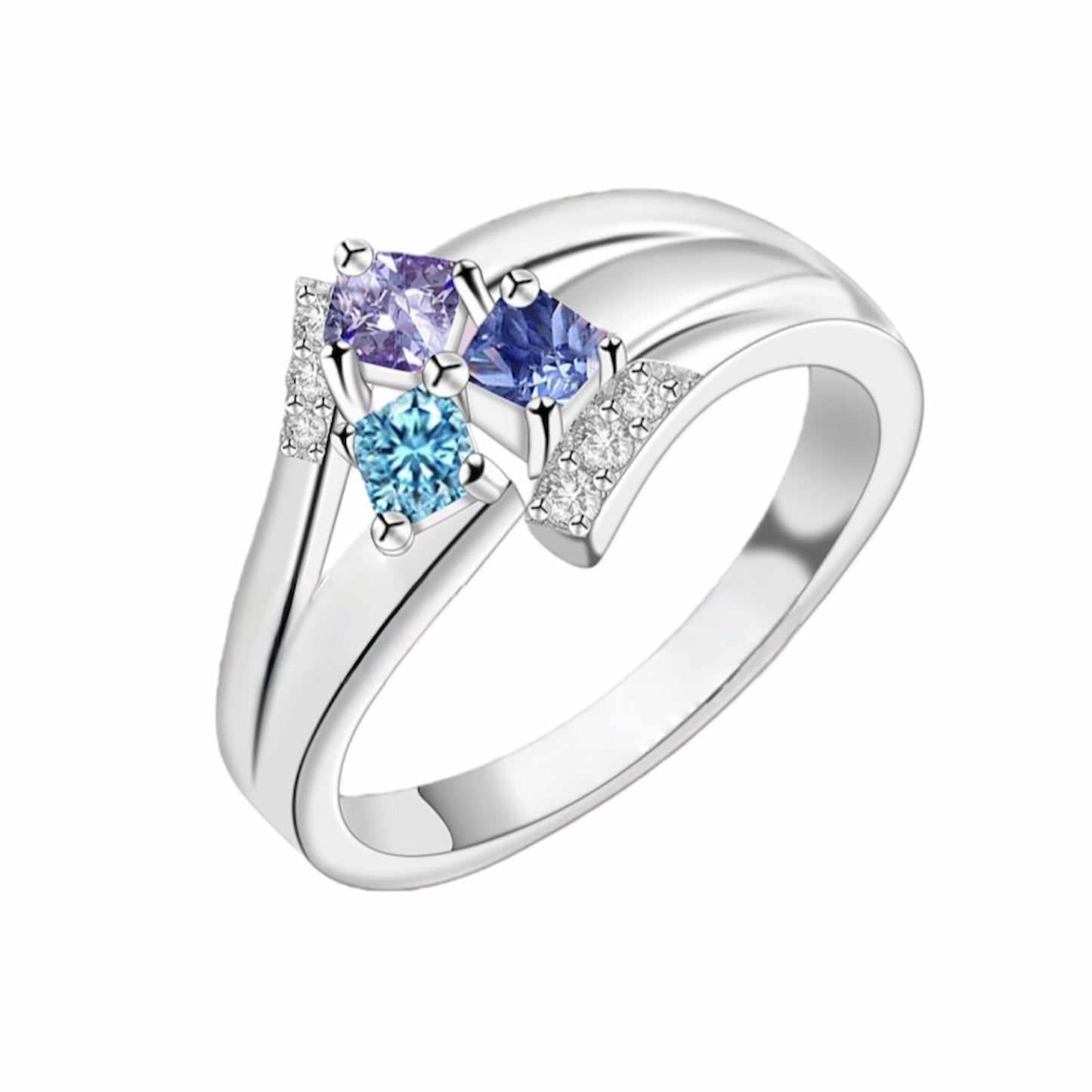 Sterling silver personalized birthstone ring with 3 simulated birthstones. Unique gift for women.