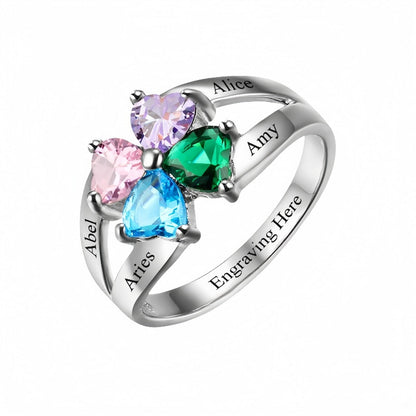 Silver personalized heart birthstone ring. Custom engraved names for Mom.